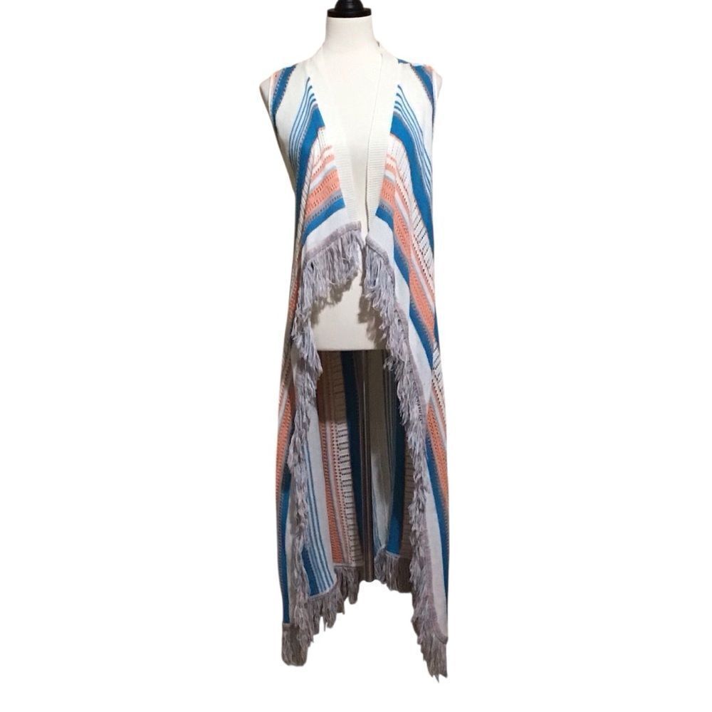 Say What? Open Front Boho Blue and White Striped Knit Cardigan Vest S